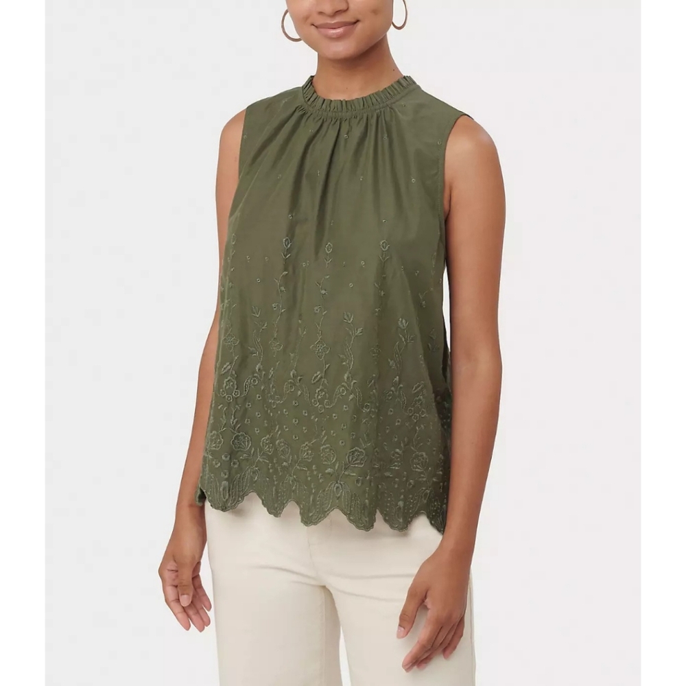 Loft Olive Green Eyelet Embroidered Shell Tank Top Women's Size Medium